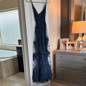 Navy Embroidered Tulle Gown